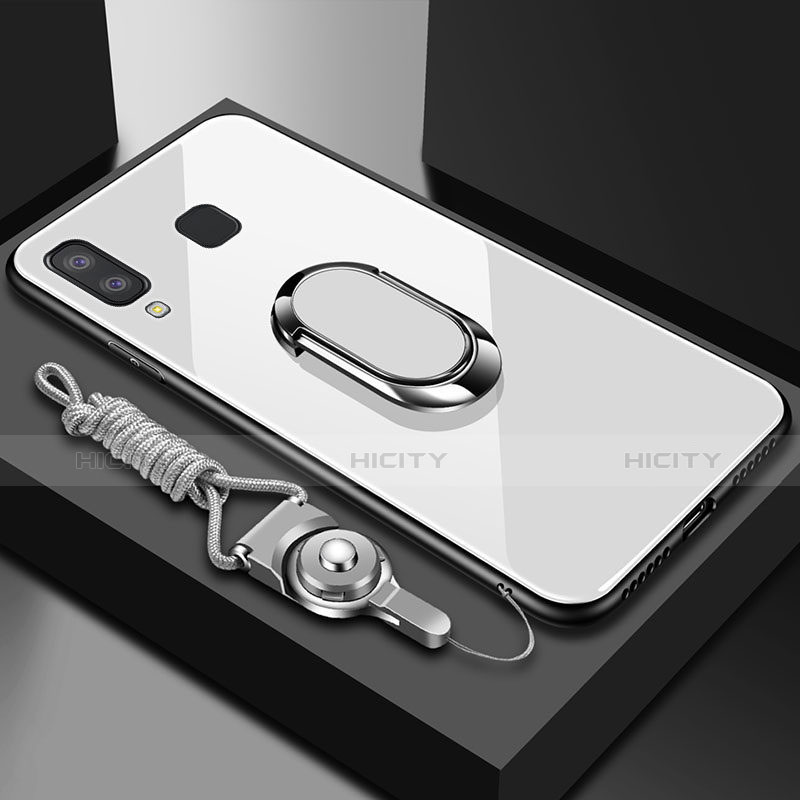 Samsung Galaxy A6s用360度 フルカバーハイブリットバンパーケース クリア透明 プラスチック 鏡面 アンド指輪 マグネット式 サムスン ホワイト
