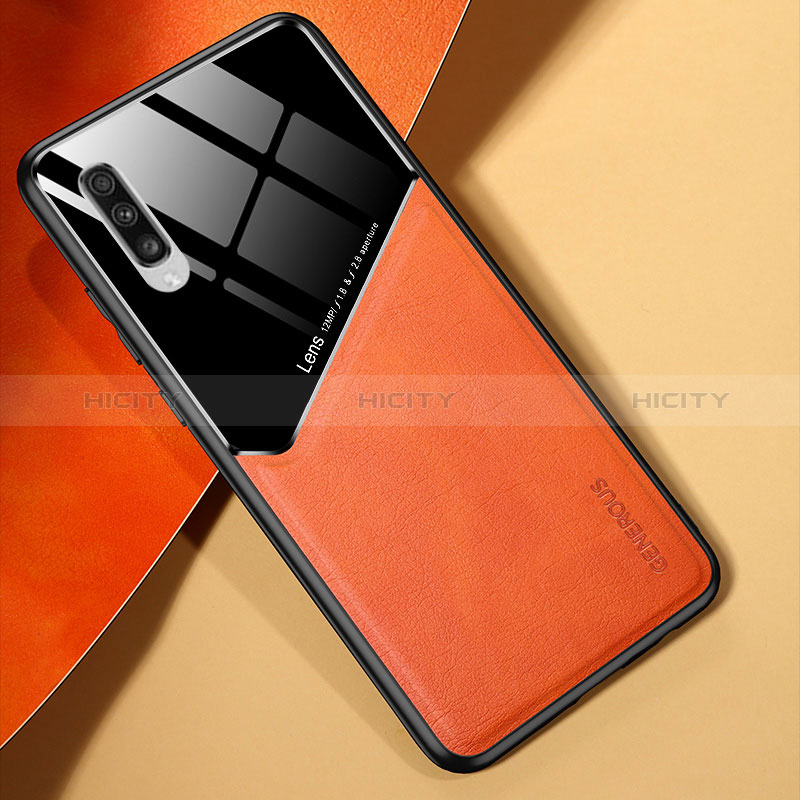Samsung Galaxy A70用シリコンケース ソフトタッチラバー レザー柄 アンドマグネット式 サムスン オレンジ