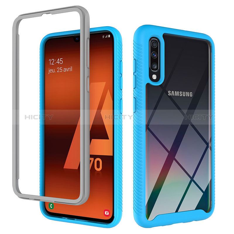 Samsung Galaxy A70S用360度 フルカバー ハイブリットバンパーケース クリア透明 プラスチック カバー ZJ1 サムスン ブルー