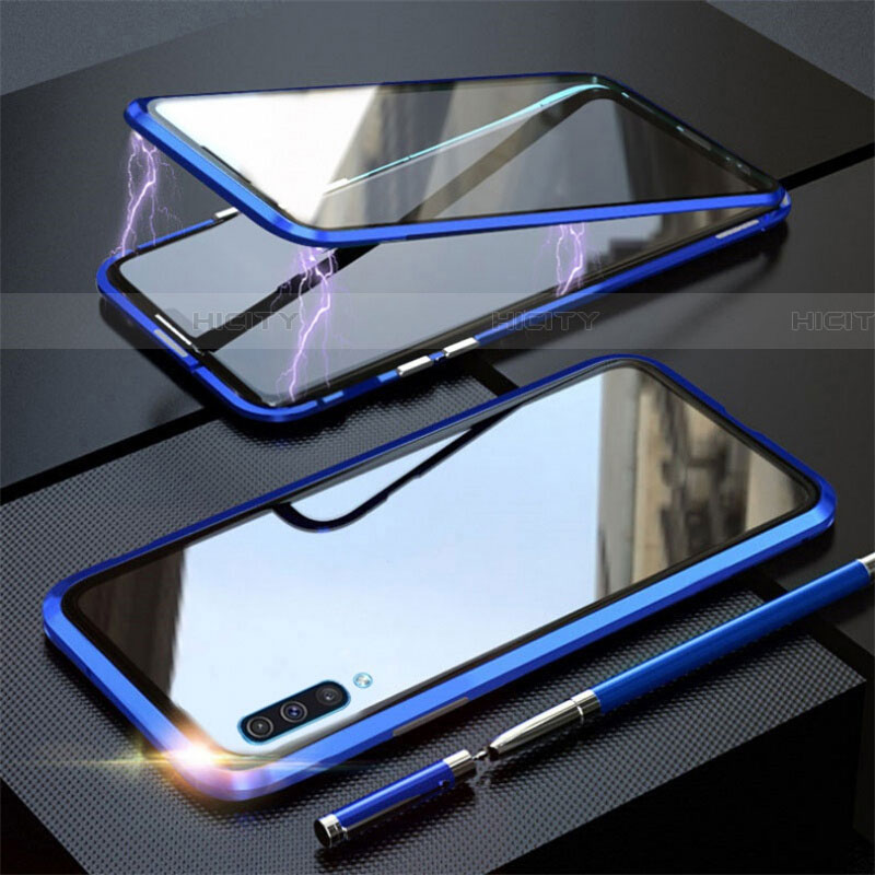 Samsung Galaxy A70S用ケース 高級感 手触り良い アルミメタル 製の金属製 360度 フルカバーバンパー 鏡面 カバー T02 サムスン ネイビー