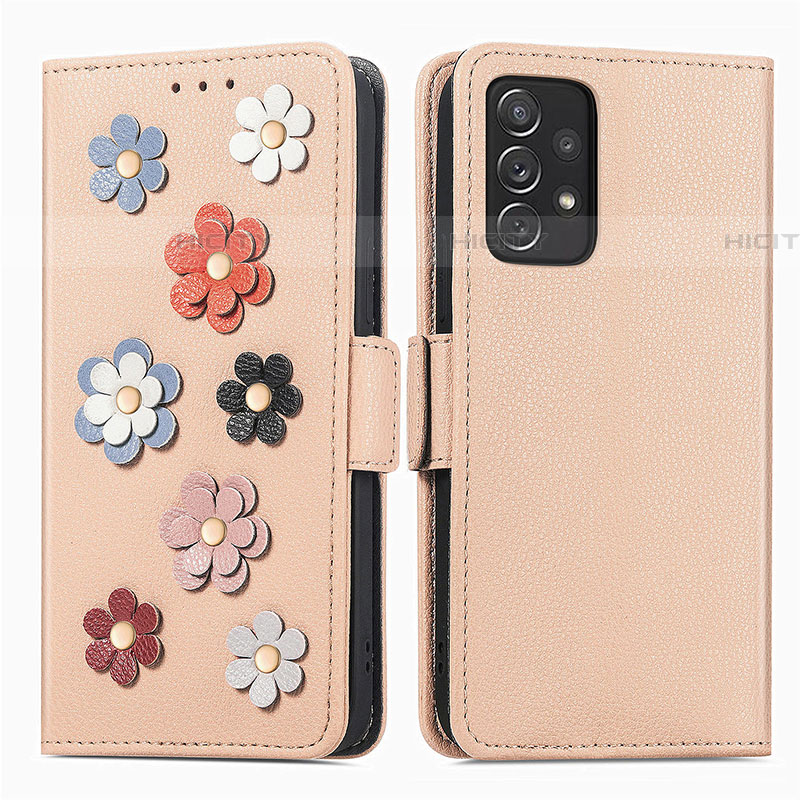 Samsung Galaxy A72 5G用手帳型 レザーケース スタンド 花 カバー S02D サムスン カーキ色