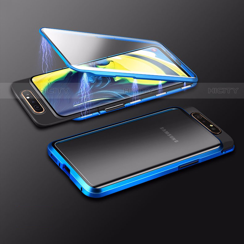 Samsung Galaxy A80用ケース 高級感 手触り良い アルミメタル 製の金属製 360度 フルカバーバンパー 鏡面 カバー M01 サムスン ネイビー