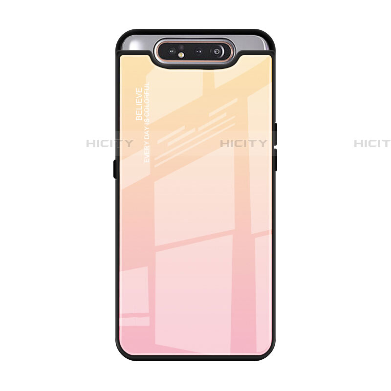 Samsung Galaxy A80用ハイブリットバンパーケース プラスチック 鏡面 虹 グラデーション 勾配色 カバー H01 サムスン ピンク