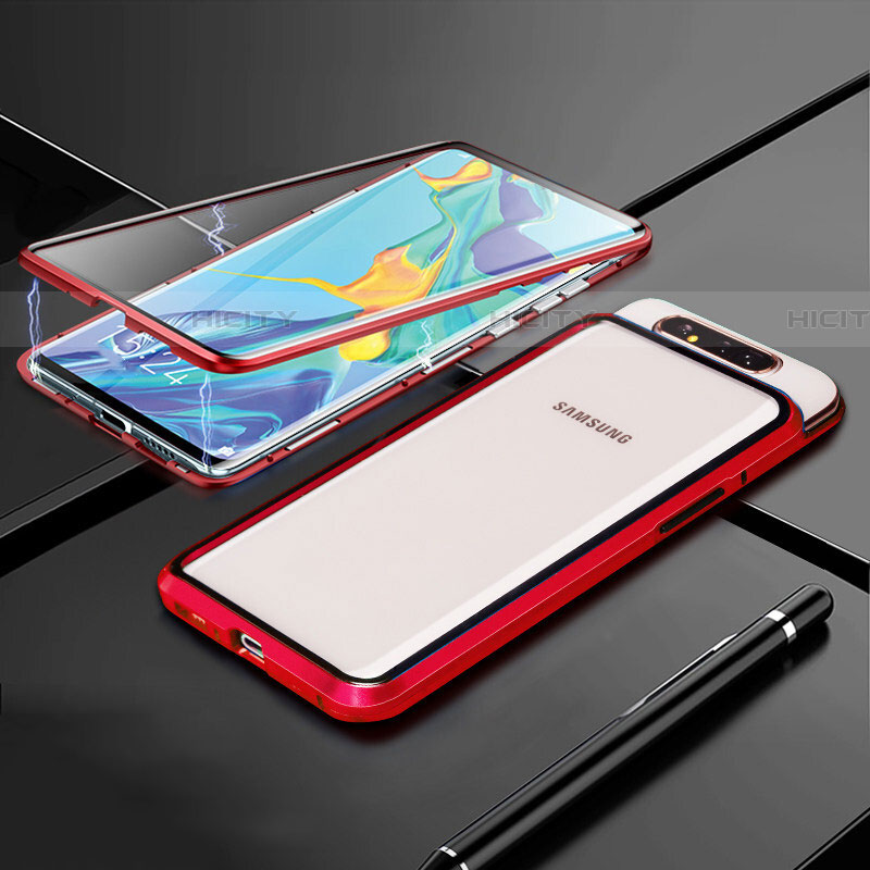 Samsung Galaxy A80用ケース 高級感 手触り良い アルミメタル 製の金属製 360度 フルカバーバンパー 鏡面 カバー T01 サムスン レッド