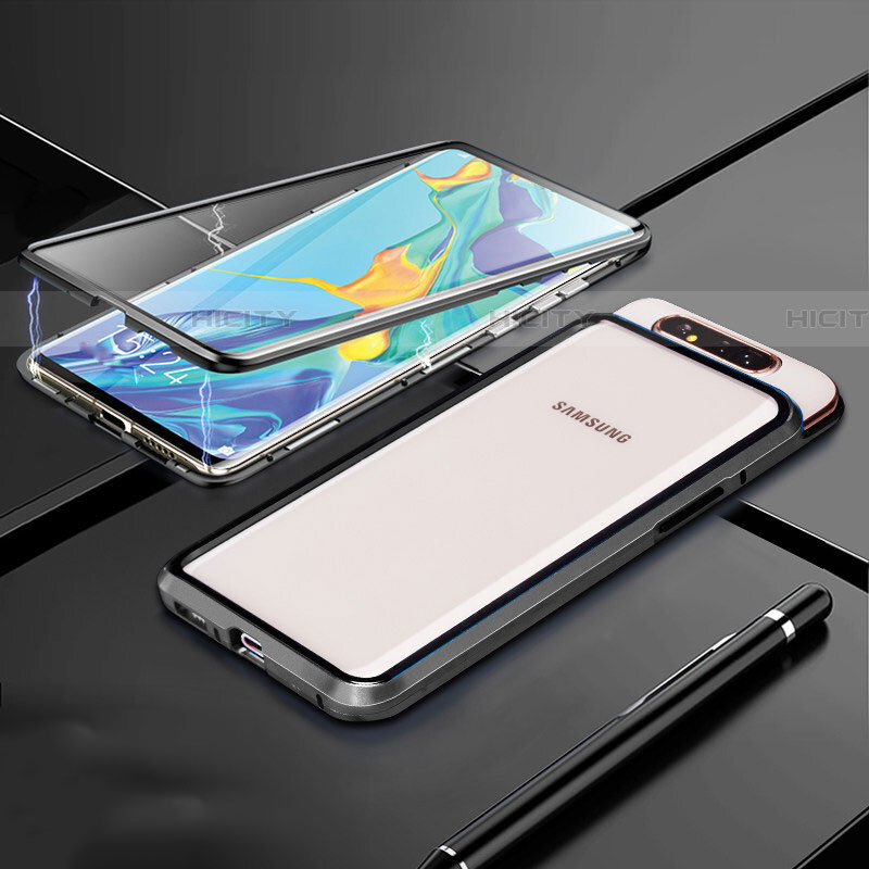 Samsung Galaxy A80用ケース 高級感 手触り良い アルミメタル 製の金属製 360度 フルカバーバンパー 鏡面 カバー T01 サムスン ブラック