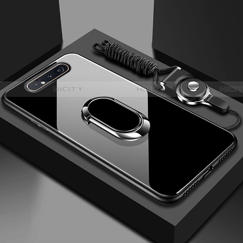 Samsung Galaxy A80用ハイブリットバンパーケース プラスチック 鏡面 カバー アンド指輪 マグネット式 T01 サムスン ブラック