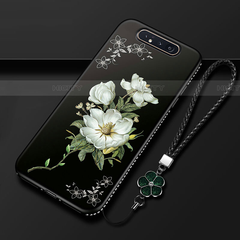 Samsung Galaxy A90 4G用シリコンケース ソフトタッチラバー 花 カバー S06 サムスン ブラック