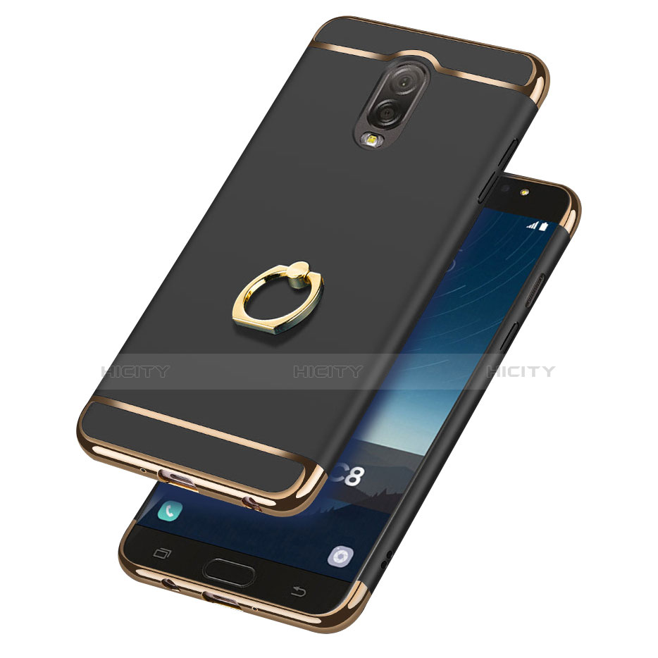 Samsung Galaxy C7 (2017)用ケース 高級感 手触り良い メタル兼プラスチック バンパー アンド指輪 サムスン ブラック