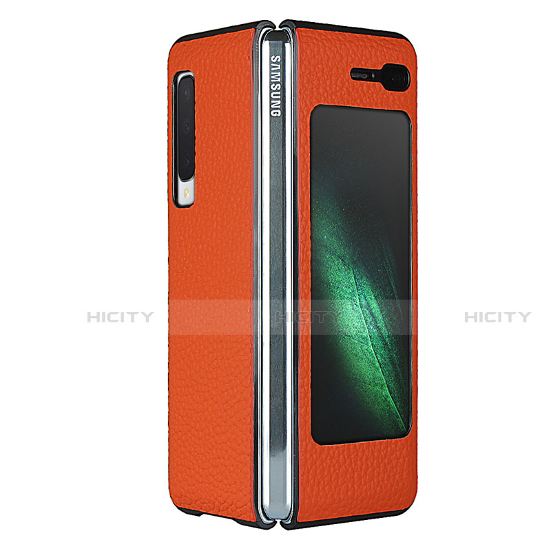 Samsung Galaxy Fold用ケース 高級感 手触り良いレザー柄 サムスン オレンジ