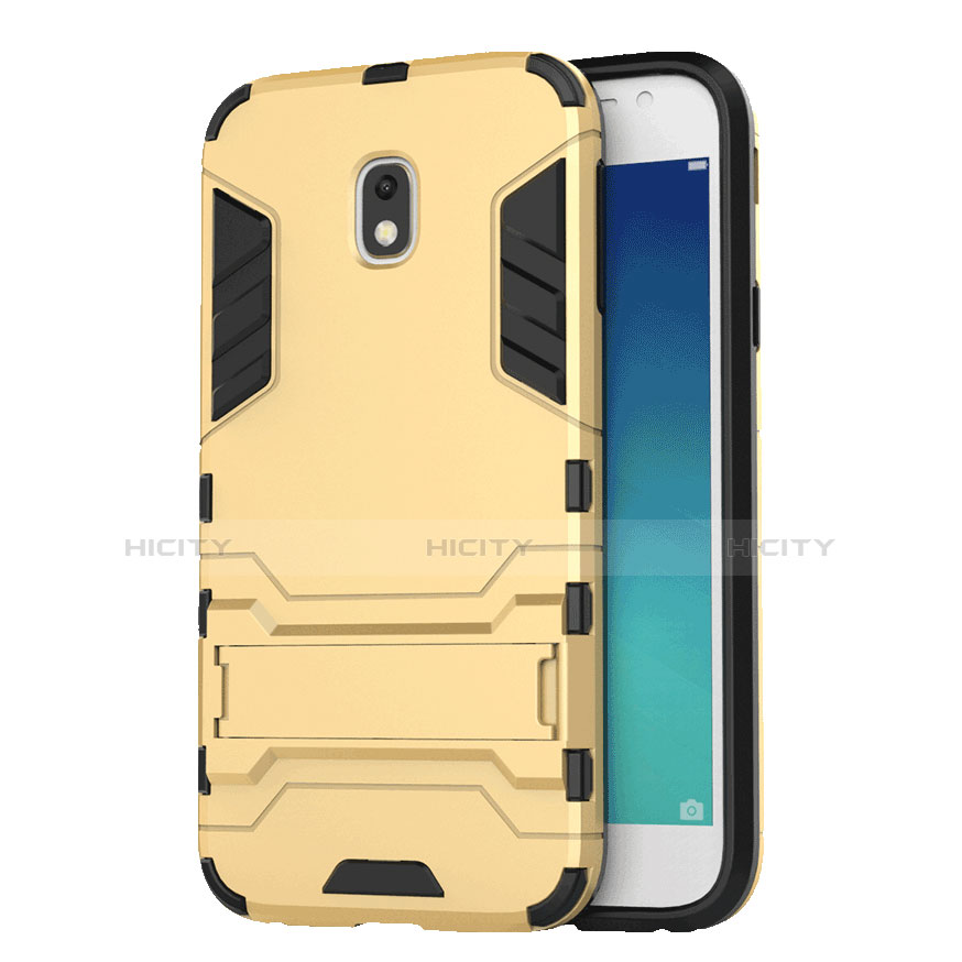 Samsung Galaxy J3 (2017) J330F DS用ハイブリットバンパーケース スタンド プラスチック 兼シリコーン サムスン ゴールド