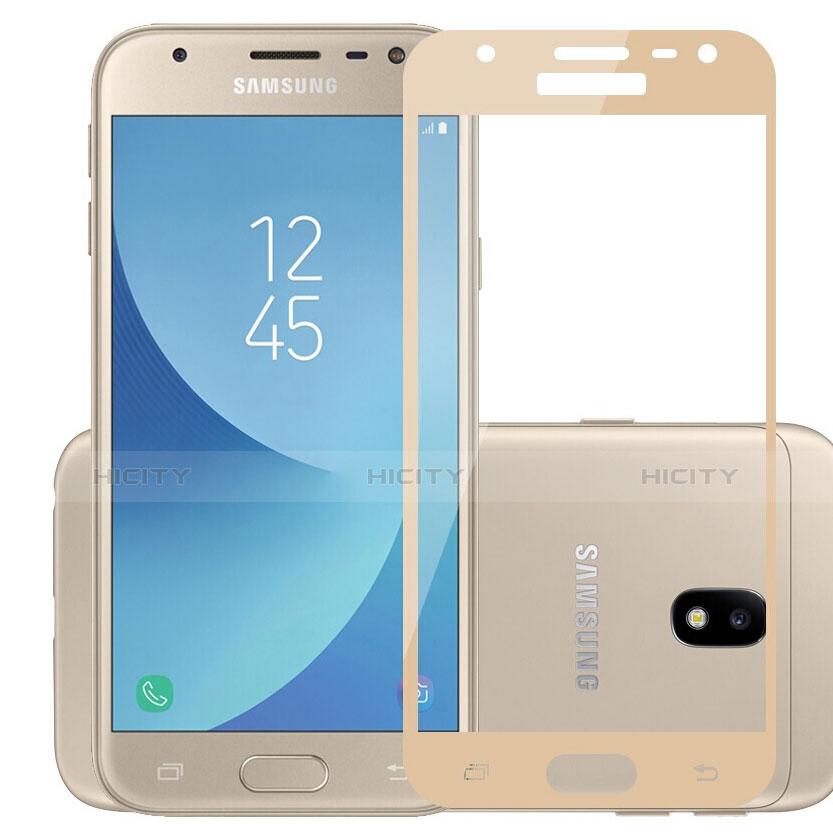 Samsung Galaxy J3 (2017) J330F DS用強化ガラス フル液晶保護フィルム サムスン ゴールド