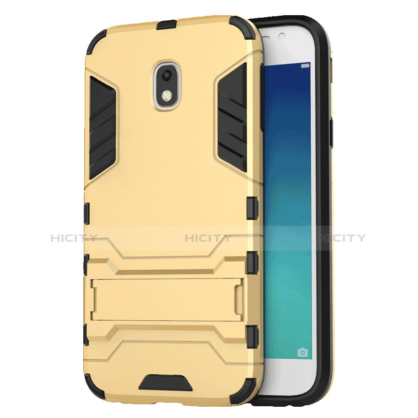 Samsung Galaxy J3 (2018) SM-J377A用ハイブリットバンパーケース スタンド プラスチック 兼シリコーン サムスン ゴールド