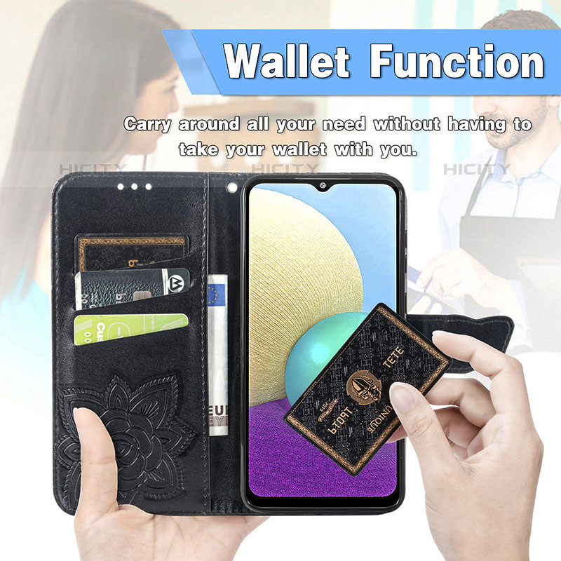 Samsung Galaxy M02用手帳型 レザーケース スタンド バタフライ 蝶 カバー サムスン 