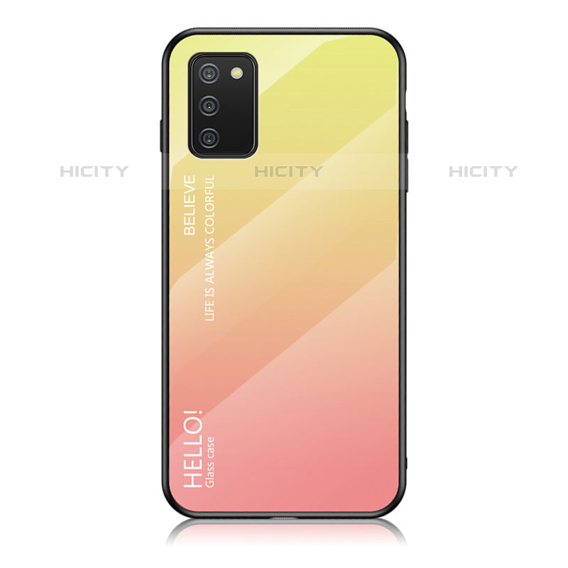 Samsung Galaxy M02s用ハイブリットバンパーケース プラスチック 鏡面 虹 グラデーション 勾配色 カバー LS1 サムスン イエロー