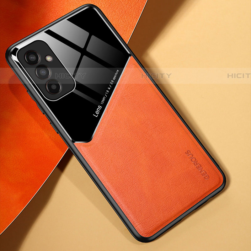 Samsung Galaxy M13 4G用シリコンケース ソフトタッチラバー レザー柄 アンドマグネット式 サムスン オレンジ