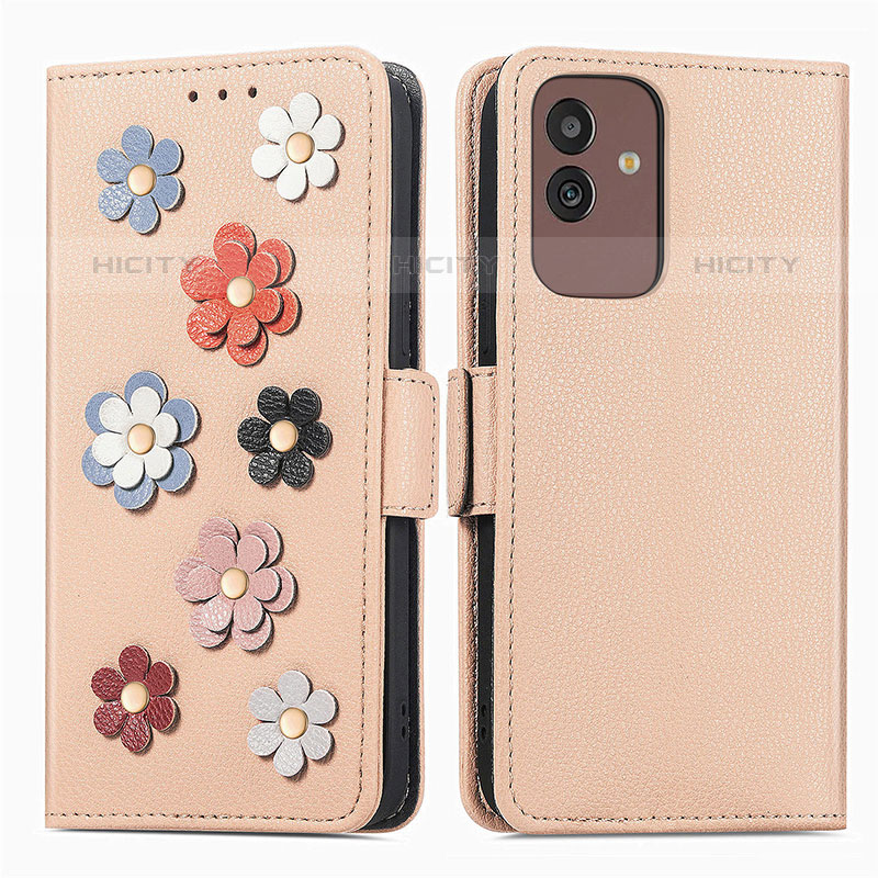 Samsung Galaxy M13 5G用手帳型 レザーケース スタンド 花 カバー S02D サムスン カーキ色