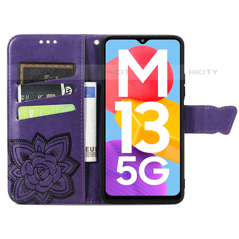 Samsung Galaxy M13 5G用手帳型 レザーケース スタンド バタフライ 蝶 カバー サムスン 