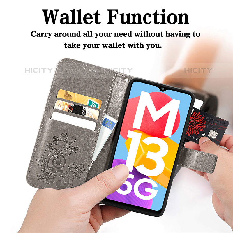 Samsung Galaxy M13 5G用手帳型 レザーケース スタンド 花 カバー サムスン 