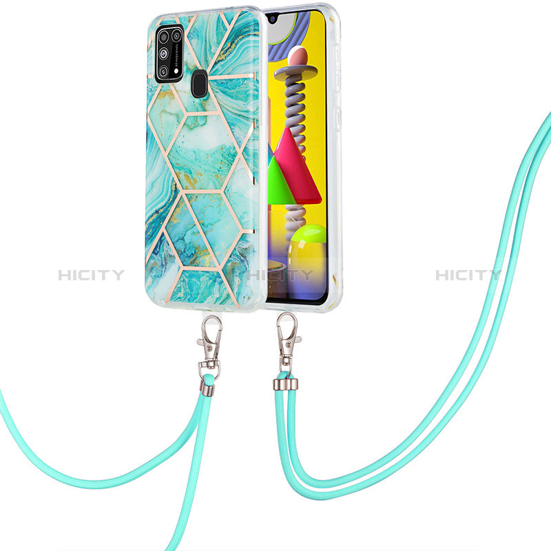 Samsung Galaxy M21s用シリコンケース ソフトタッチラバー バタフライ パターン カバー 携帯ストラップ Y01B サムスン ライトグリーン
