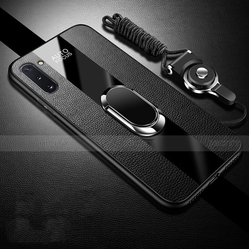 Samsung Galaxy Note 10 5G用シリコンケース ソフトタッチラバー レザー柄 アンド指輪 マグネット式 T01 サムスン ブラック