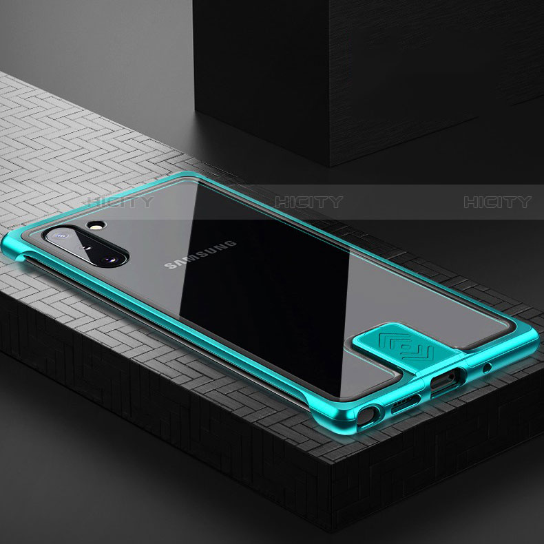 Samsung Galaxy Note 10 5G用ケース 高級感 手触り良い アルミメタル 製の金属製 360度 フルカバーバンパー 鏡面 カバー M05 サムスン シアン