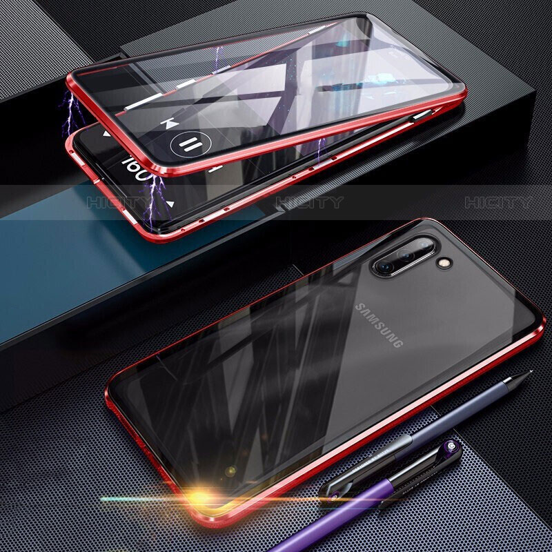 Samsung Galaxy Note 10用ケース 高級感 手触り良い アルミメタル 製の金属製 360度 フルカバーバンパー 鏡面 カバー M07 サムスン レッド