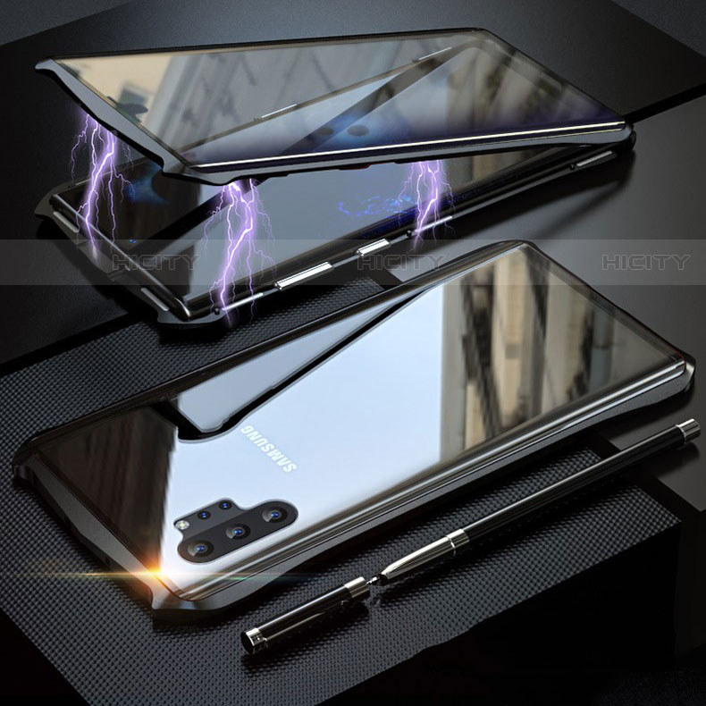 Samsung Galaxy Note 10 Plus 5G用ケース 高級感 手触り良い アルミメタル 製の金属製 360度 フルカバーバンパー 鏡面 カバー M02 サムスン ブラック