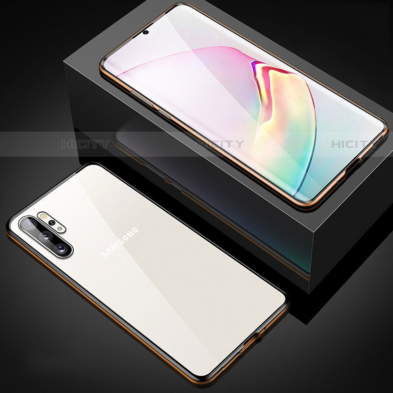 Samsung Galaxy Note 10 Plus 5G用ケース 高級感 手触り良い アルミメタル 製の金属製 360度 フルカバーバンパー 鏡面 カバー M05 サムスン ゴールド