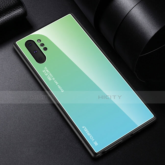 Samsung Galaxy Note 10 Plus用ハイブリットバンパーケース プラスチック 鏡面 虹 グラデーション 勾配色 カバー H01 サムスン グリーン