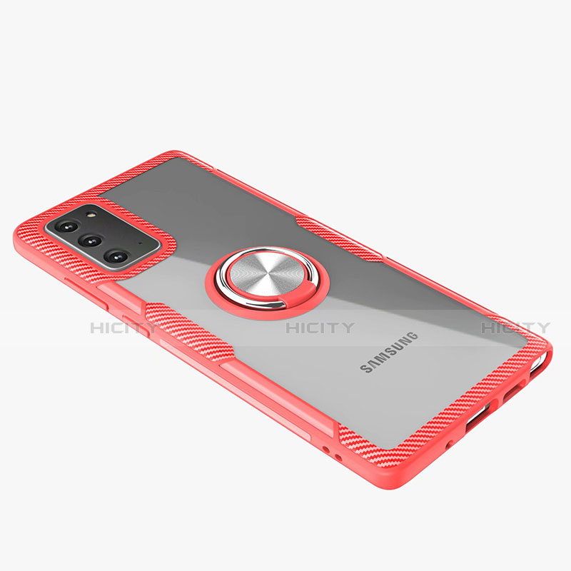Samsung Galaxy Note 20 5G用極薄ソフトケース シリコンケース 耐衝撃 全面保護 クリア透明 アンド指輪 マグネット式 N01 サムスン レッド