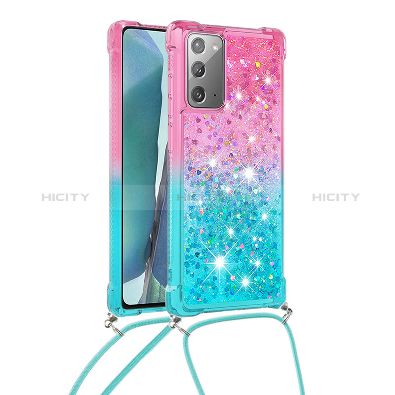 Samsung Galaxy Note 20 5G用シリコンケース ソフトタッチラバー ブリンブリン カバー 携帯ストラップ S01 サムスン ピンク