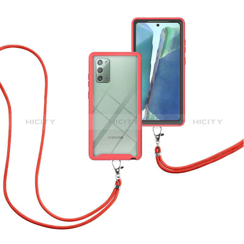 Samsung Galaxy Note 20 5G用ハイブリットバンパーケース プラスチック 兼シリコーン カバー 前面と背面 360度 フル 携帯ストラップ サムスン レッド