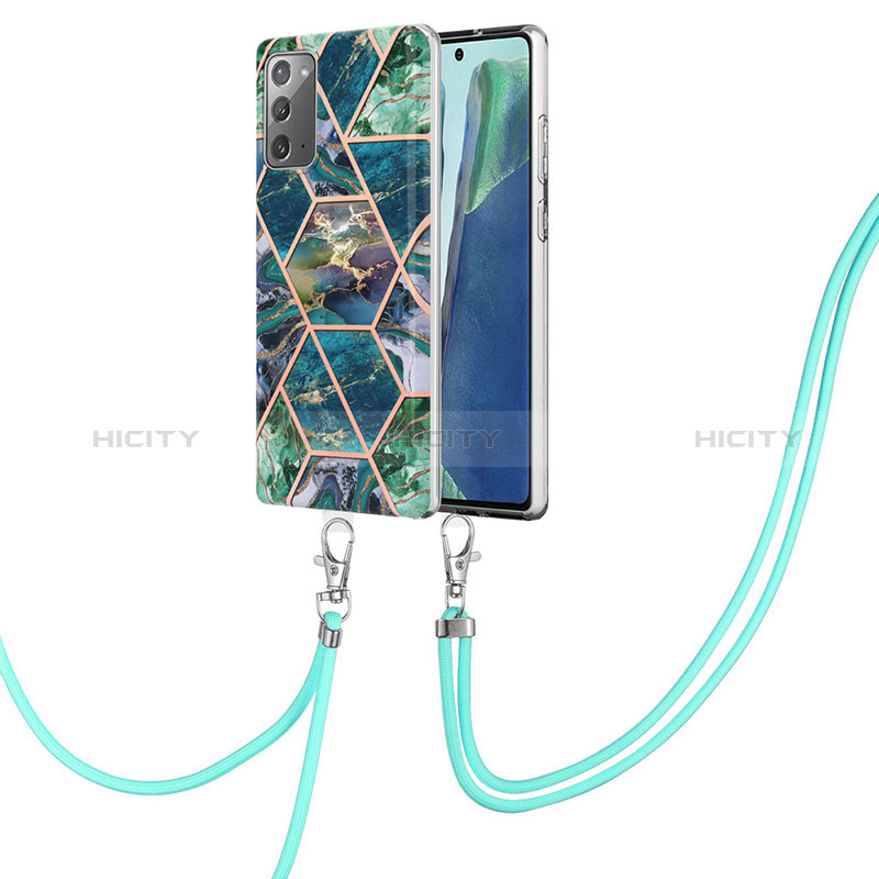 Samsung Galaxy Note 20 5G用シリコンケース ソフトタッチラバー バタフライ パターン カバー 携帯ストラップ Y01B サムスン モスグリー