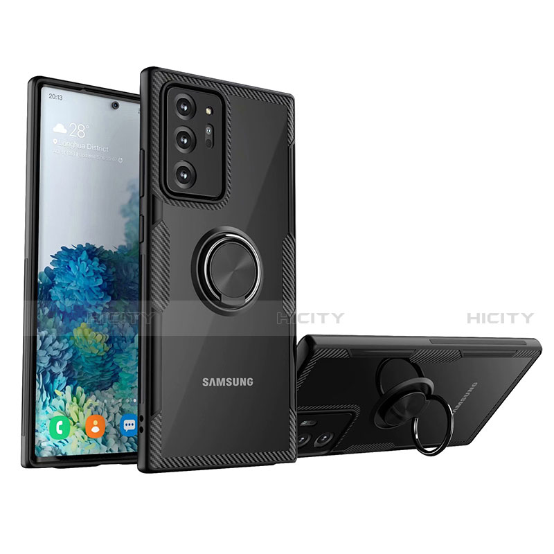 Samsung Galaxy Note 20 Ultra 5G用極薄ソフトケース シリコンケース 耐衝撃 全面保護 クリア透明 アンド指輪 マグネット式 N01 サムスン ブラック