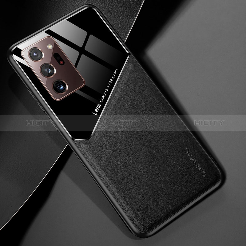Samsung Galaxy Note 20 Ultra 5G用シリコンケース ソフトタッチラバー レザー柄 アンドマグネット式 サムスン ブラック