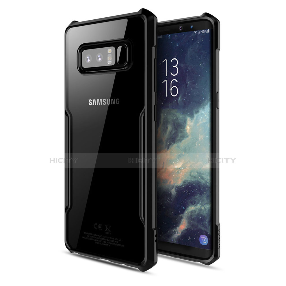 Samsung Galaxy Note 8用360度 フルカバーハイブリットバンパーケース クリア透明 プラスチック 鏡面 T03 サムスン ブラック