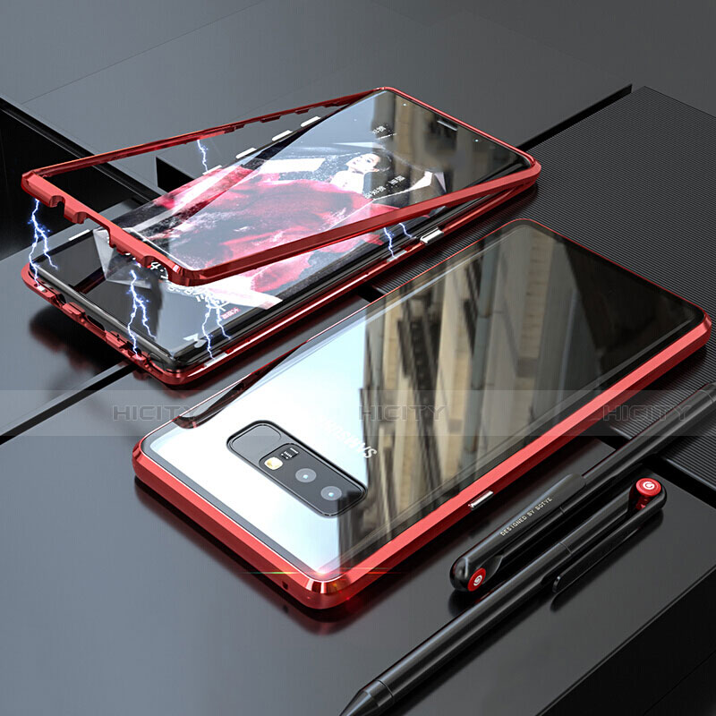 Samsung Galaxy Note 8用ケース 高級感 手触り良い アルミメタル 製の金属製 360度 フルカバーバンパー 鏡面 カバー サムスン レッド
