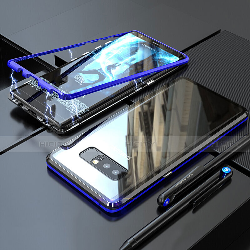 Samsung Galaxy Note 8用ケース 高級感 手触り良い アルミメタル 製の金属製 360度 フルカバーバンパー 鏡面 カバー サムスン ネイビー