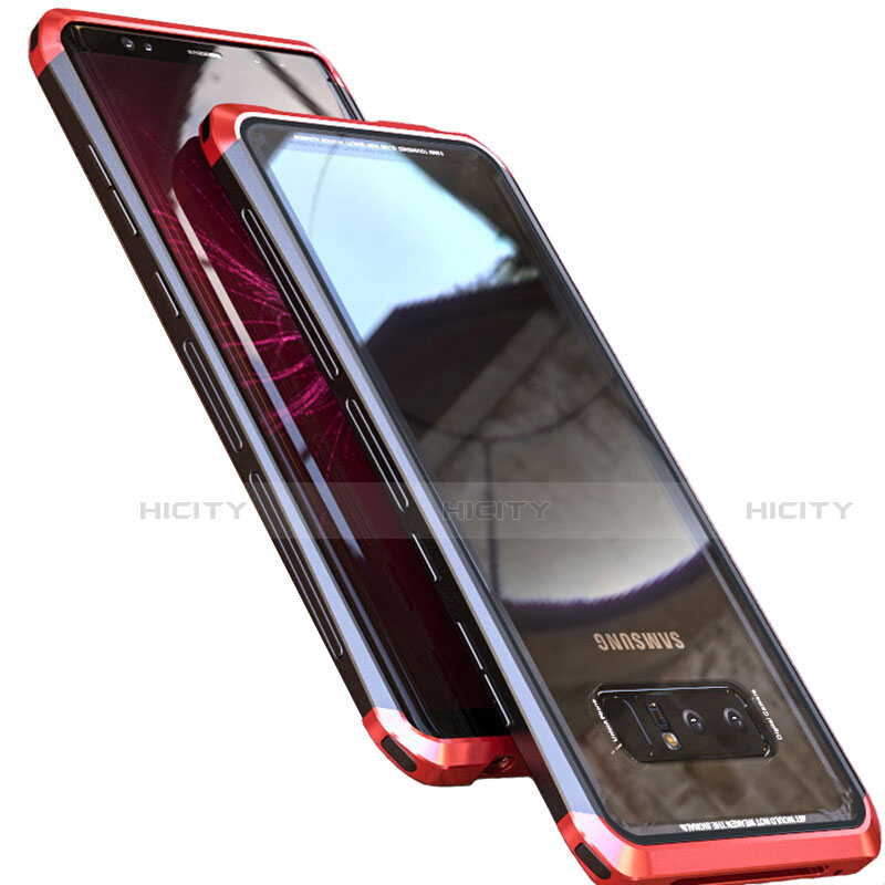 Samsung Galaxy Note 8用ケース 高級感 手触り良い アルミメタル 製の金属製 360度 フルカバーバンパー 鏡面 カバー M01 サムスン レッド