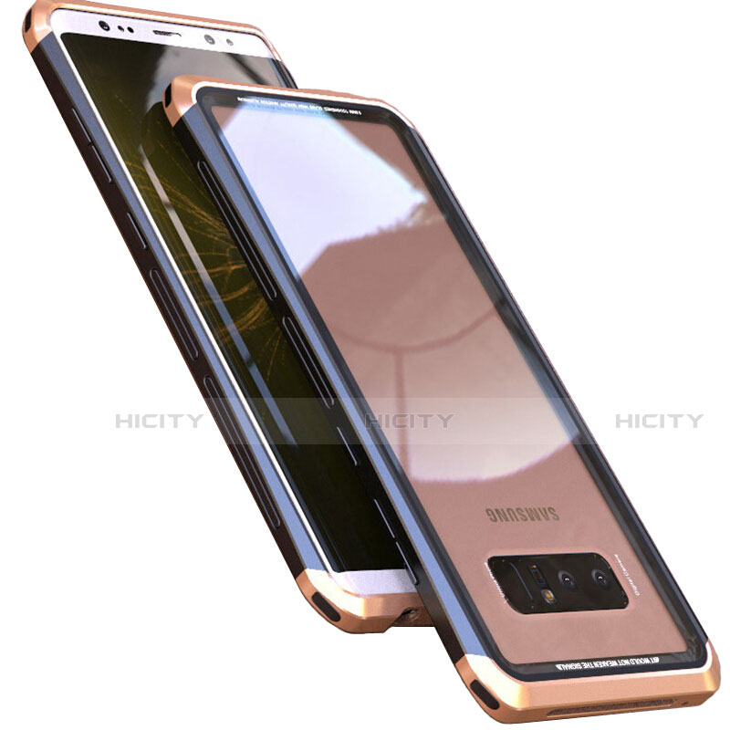 Samsung Galaxy Note 8 Duos N950F用ケース 高級感 手触り良い アルミメタル 製の金属製 360度 フルカバーバンパー 鏡面 カバー M01 サムスン ゴールド