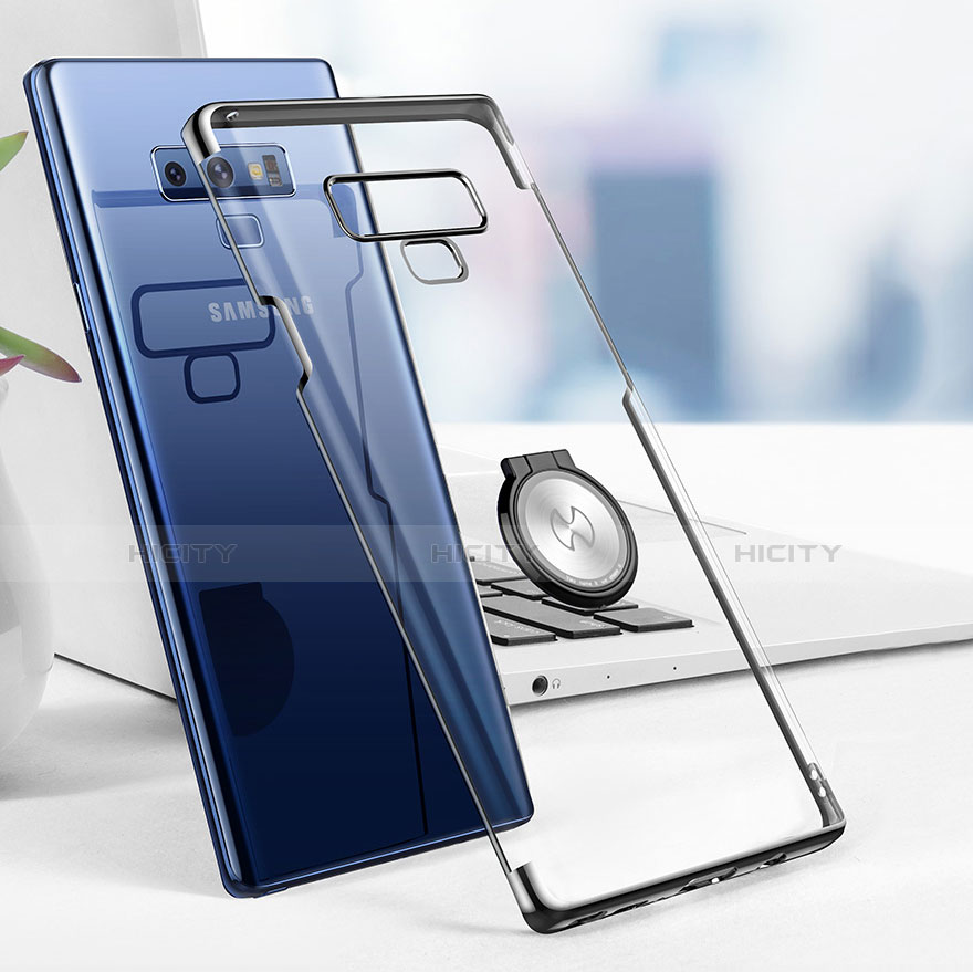 Samsung Galaxy Note 9用360度 フルカバーハイブリットバンパーケース クリア透明 プラスチック 鏡面 アンド指輪 マグネット式 サムスン ブラック