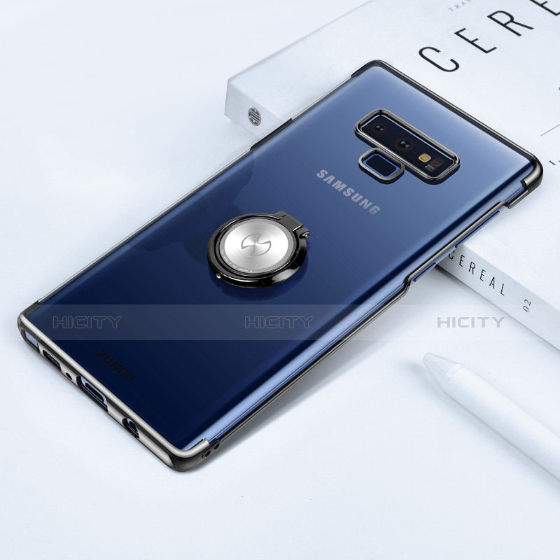 Samsung Galaxy Note 9用360度 フルカバーハイブリットバンパーケース クリア透明 プラスチック 鏡面 アンド指輪 マグネット式 サムスン ブラック