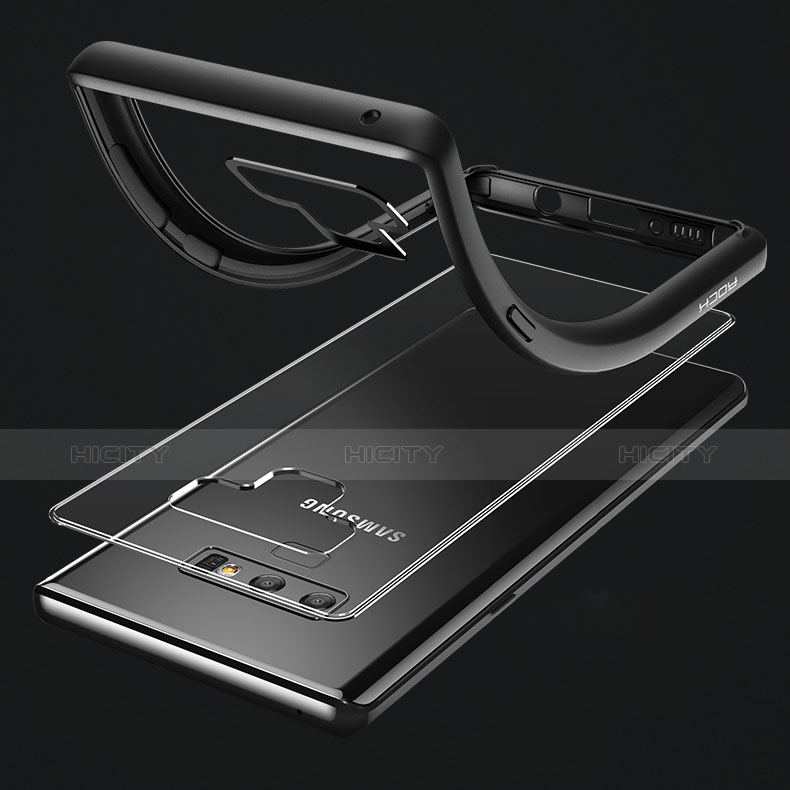Samsung Galaxy Note 9用360度 フルカバーハイブリットバンパーケース クリア透明 プラスチック 鏡面 T02 サムスン ブラック