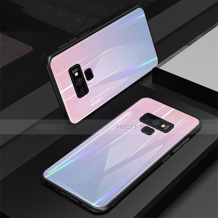 Samsung Galaxy Note 9用ハイブリットバンパーケース プラスチック 鏡面 虹 グラデーション 勾配色 カバー M01 サムスン パープル