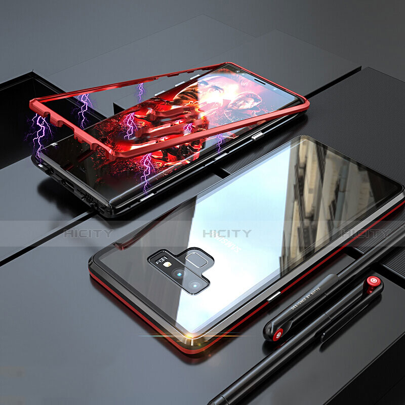 Samsung Galaxy Note 9用ケース 高級感 手触り良い アルミメタル 製の金属製 360度 フルカバーバンパー 鏡面 カバー M04 サムスン レッド