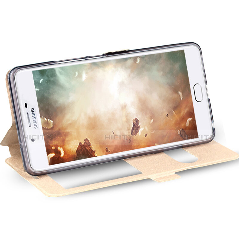 Samsung Galaxy On7 (2016) G6100用手帳型 レザーケース スタンド サムスン ゴールド