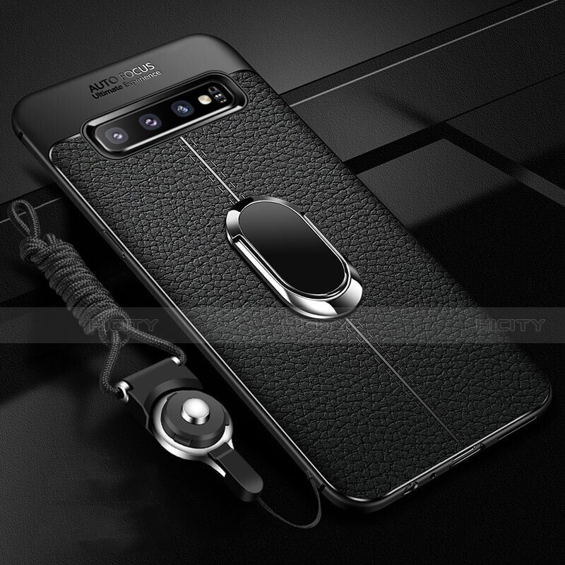 Samsung Galaxy S10 5G用シリコンケース ソフトタッチラバー レザー柄 アンド指輪 マグネット式 T02 サムスン ブラック