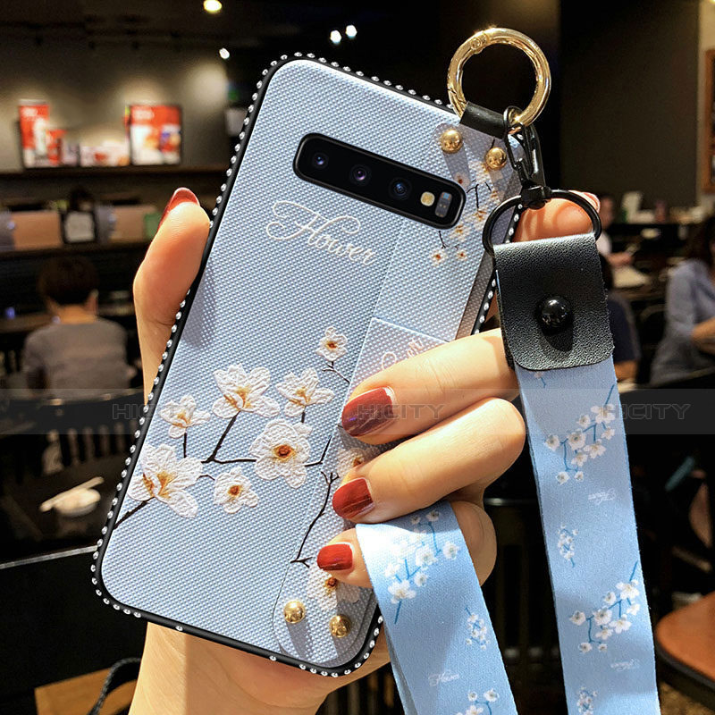 Samsung Galaxy S10 5G用シリコンケース ソフトタッチラバー 花 カバー K02 サムスン ブルー