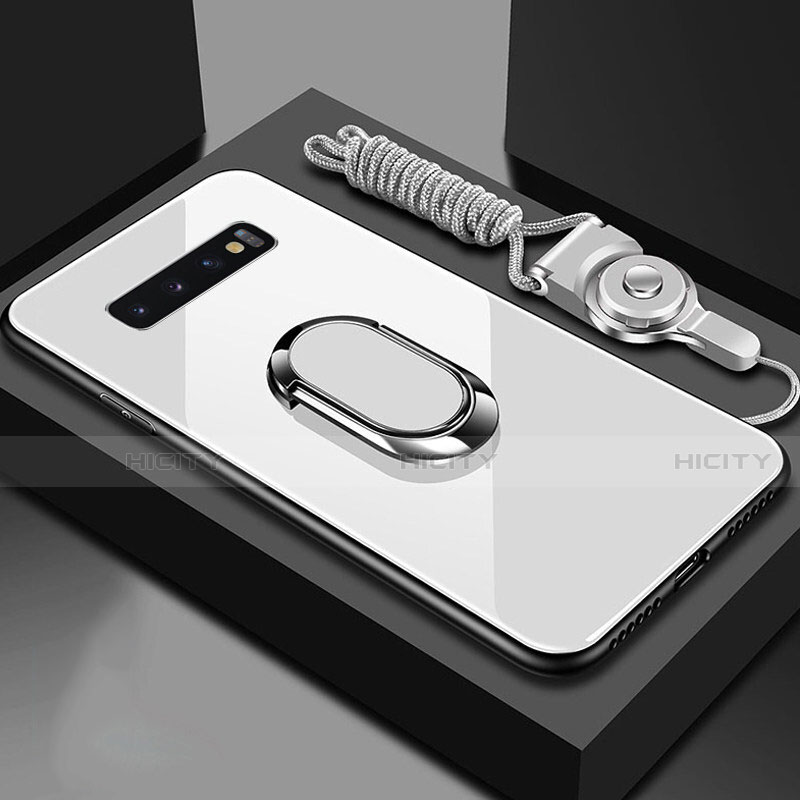 Samsung Galaxy S10用ハイブリットバンパーケース プラスチック 鏡面 カバー アンド指輪 マグネット式 サムスン ホワイト