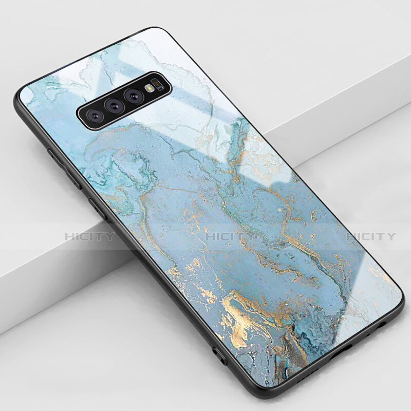 Samsung Galaxy S10 Plus用ハイブリットバンパーケース プラスチック パターン 鏡面 カバー K02 サムスン シアン